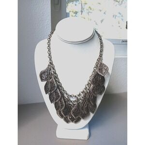 Brutalist Bib Necklace Silver Metal Dangling Leaf Art Deco Boho 3 Rows Statement
